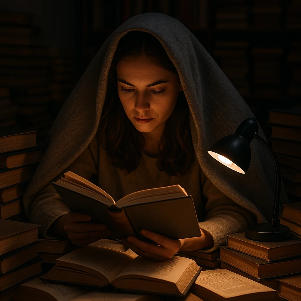 Eine Buch-süchtige beim konsumieren.