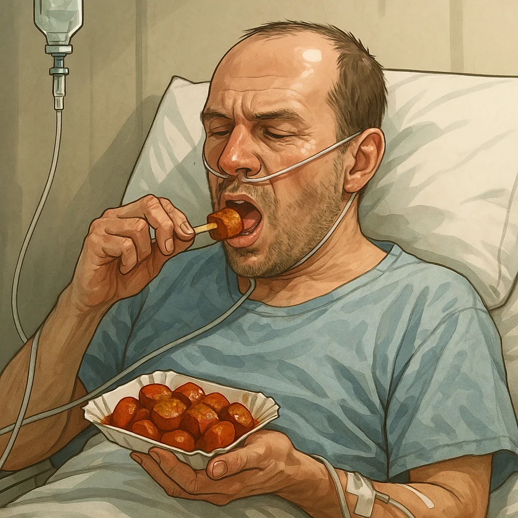 Patient im Krankenhaus isst Currywurst