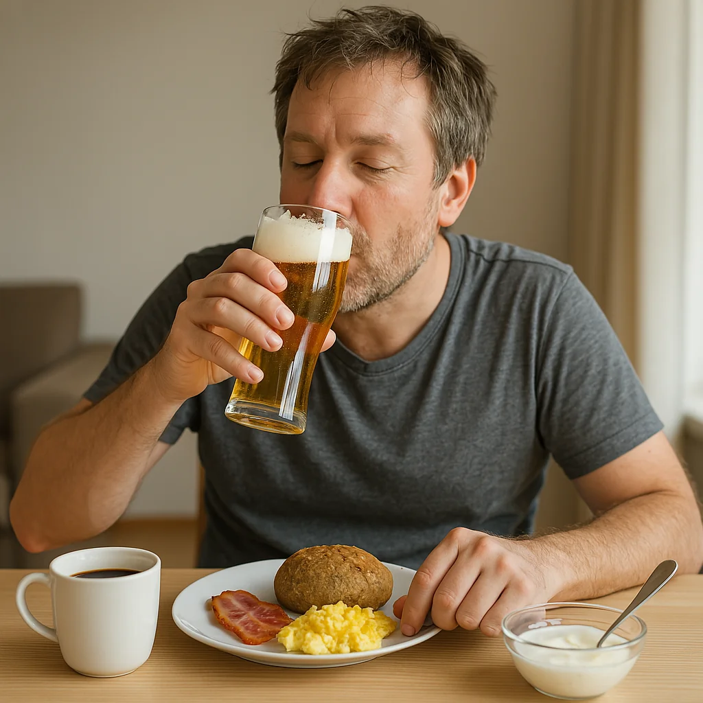Proband mit lecker Bier zum Frühstück