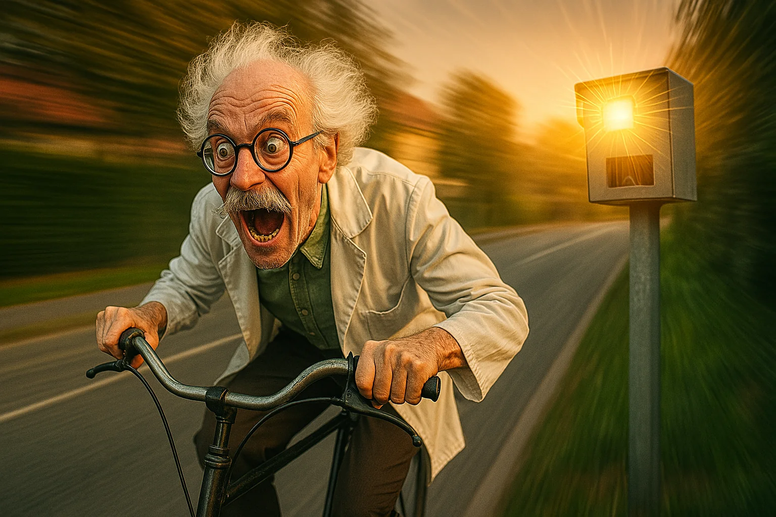 Prof. von Stein auf Fahrrad mit Blitz