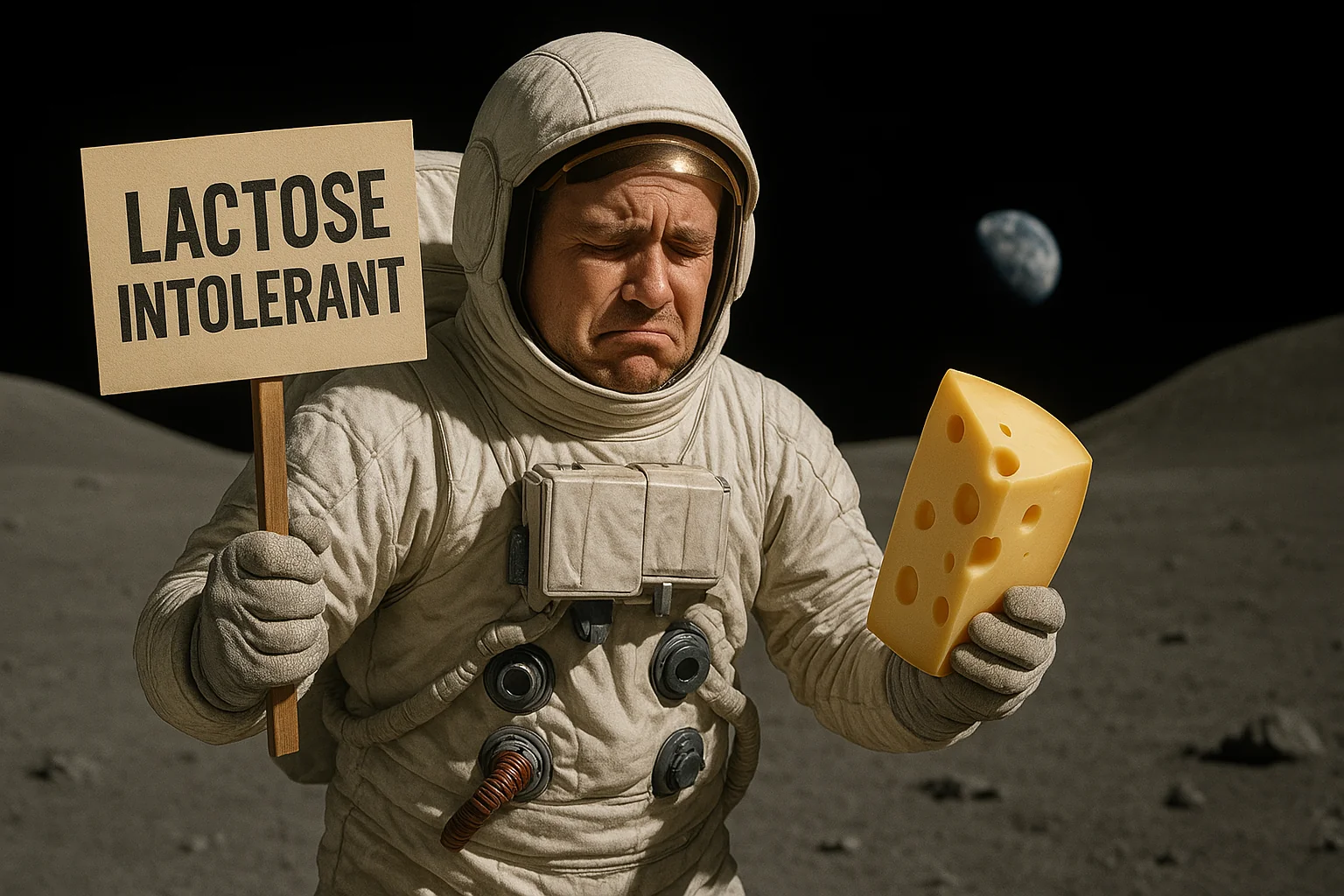Laktoseintoleranter Astronaut auf dem Mond mit Bauchweh