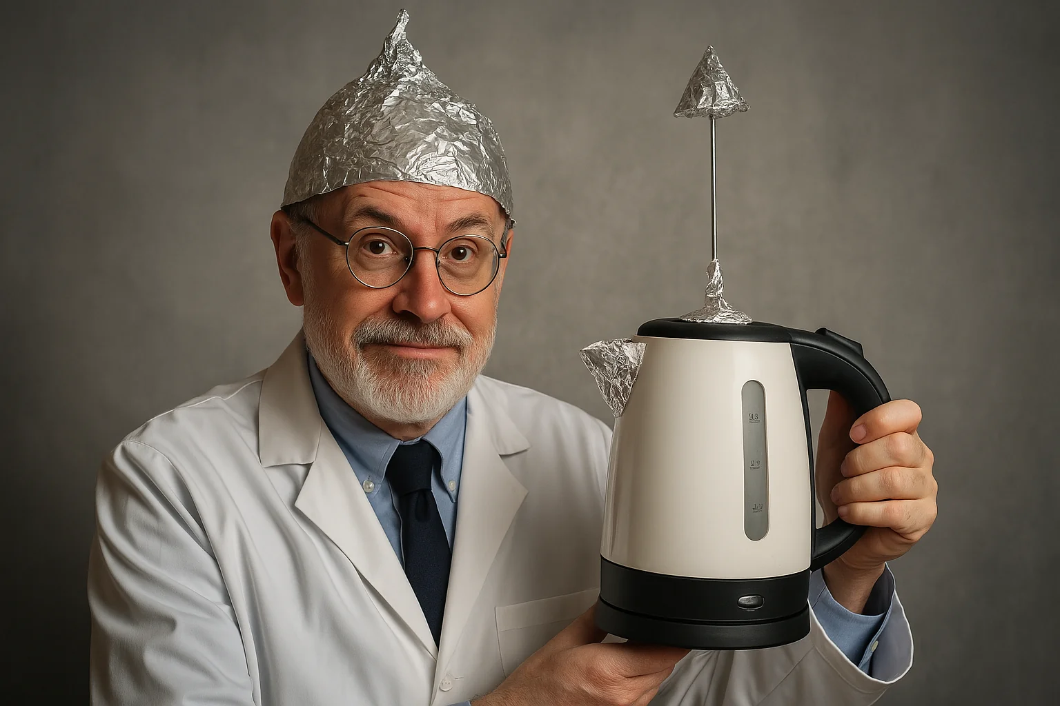 Prof. Dr. Alfredo von Stein mit modifiziertem Wasserkocher und Aluhut