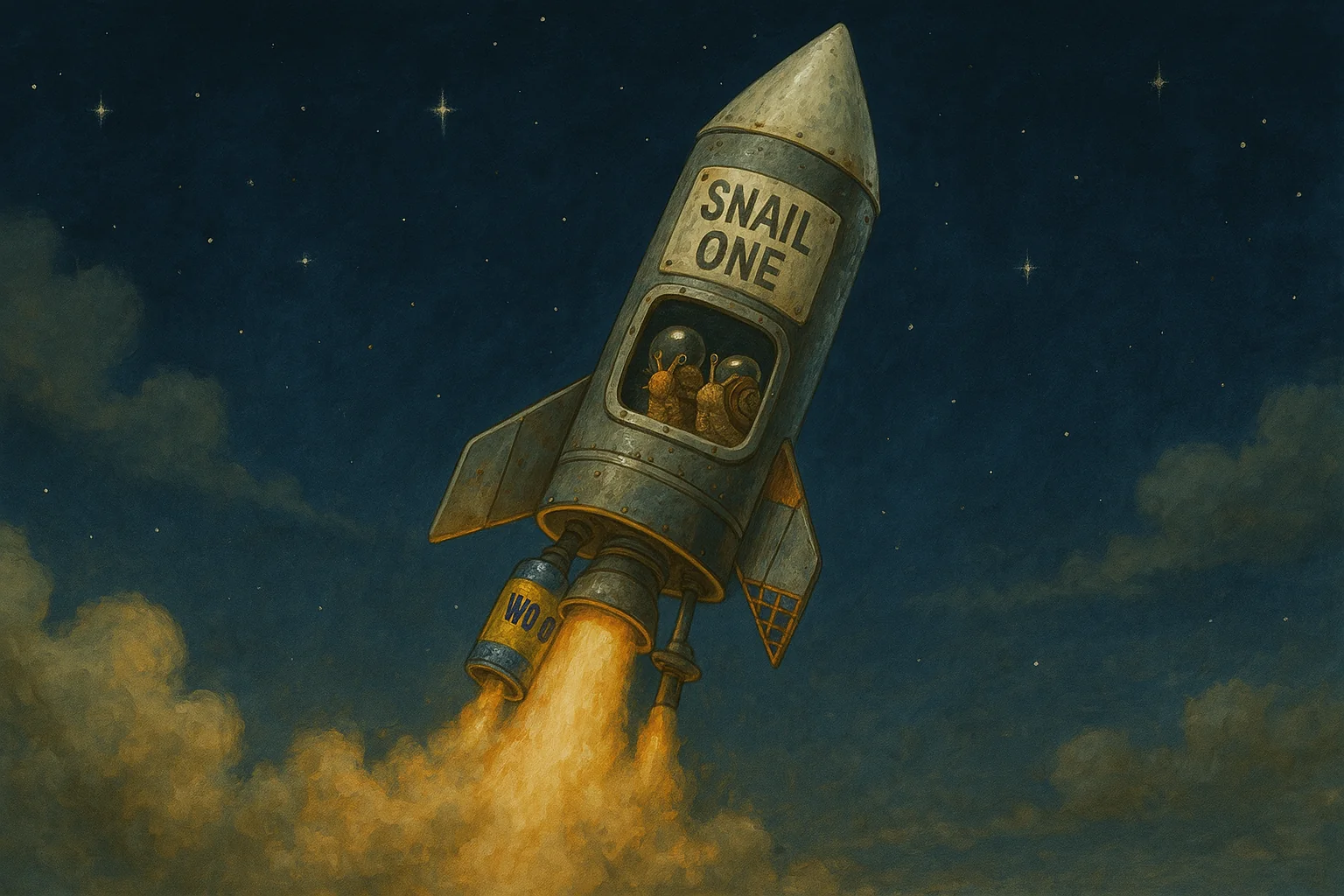 Selbstgebaute Schneckenrakete Snail One im Weltraum im Stil von WTForschung