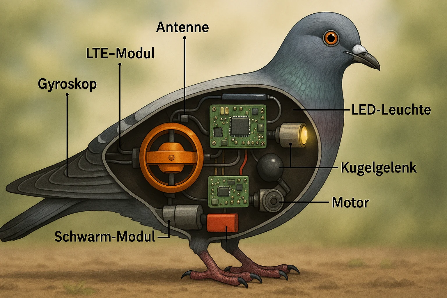 Querschnitt einer Taubendrohne mit Beschriftung