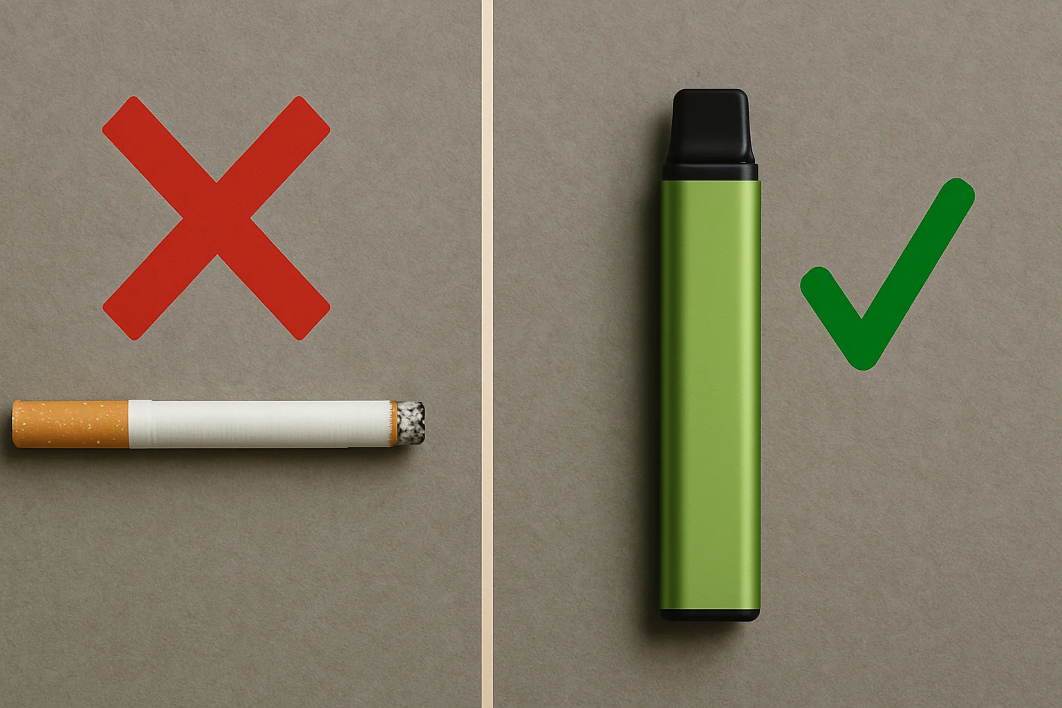 Gegenüberstellung von Zigarette mit rotem Kreuz und Vape mit grünem Haken